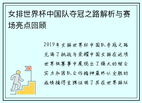 女排世界杯中国队夺冠之路解析与赛场亮点回顾