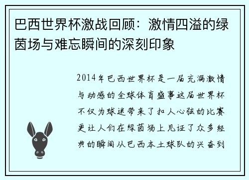 巴西世界杯激战回顾：激情四溢的绿茵场与难忘瞬间的深刻印象